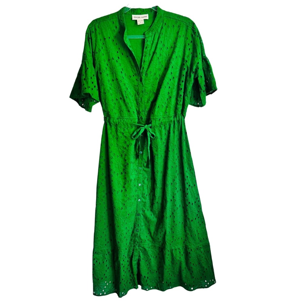NAOO Eyelet Preppy Cottagecore Garden Party Button Up Midi Maxi Dress L Green